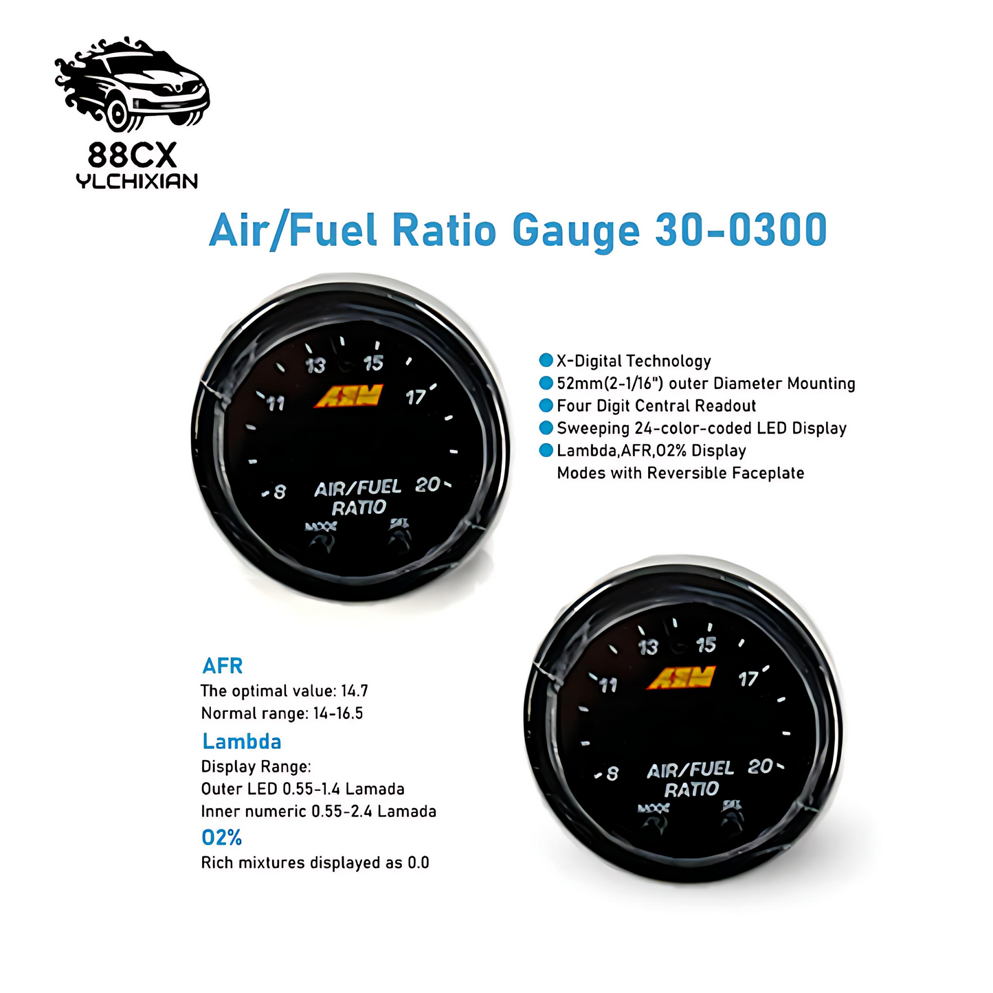 AEM 30-0300 X-Series Wideband Gauge A/F AF O2 Air Fuel Ratio comes with Sensor