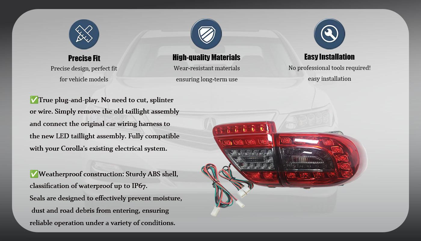 LED taillight assemblies for 2011-2013 Toyota Corolla - driver's and passenger's side rear brake lights and turn signals, tinted lenses, plug and play, one pair